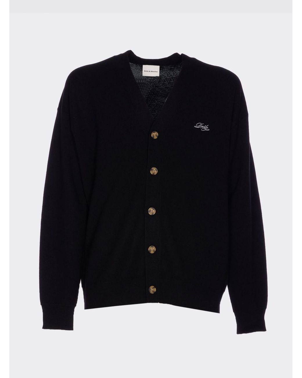 Drole de Monsieur Blue V-Neck Wool Cardigan With Embroidered Logo for men