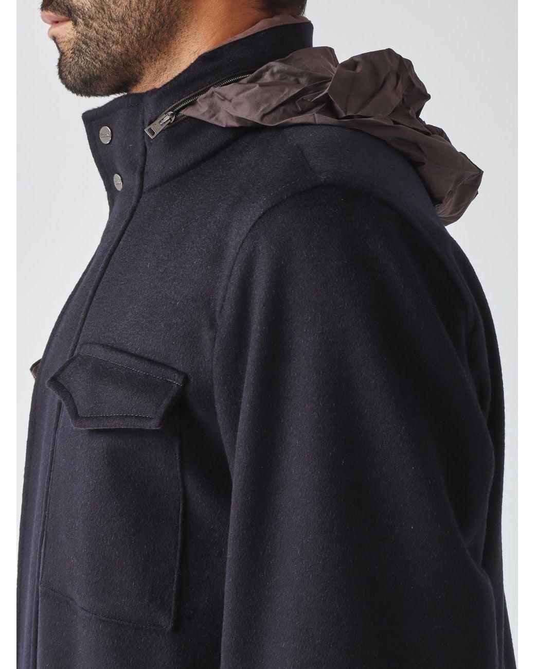Herno Blue Virgin Wool And Cashmere Shirt Jacket With Detachable Hood for men