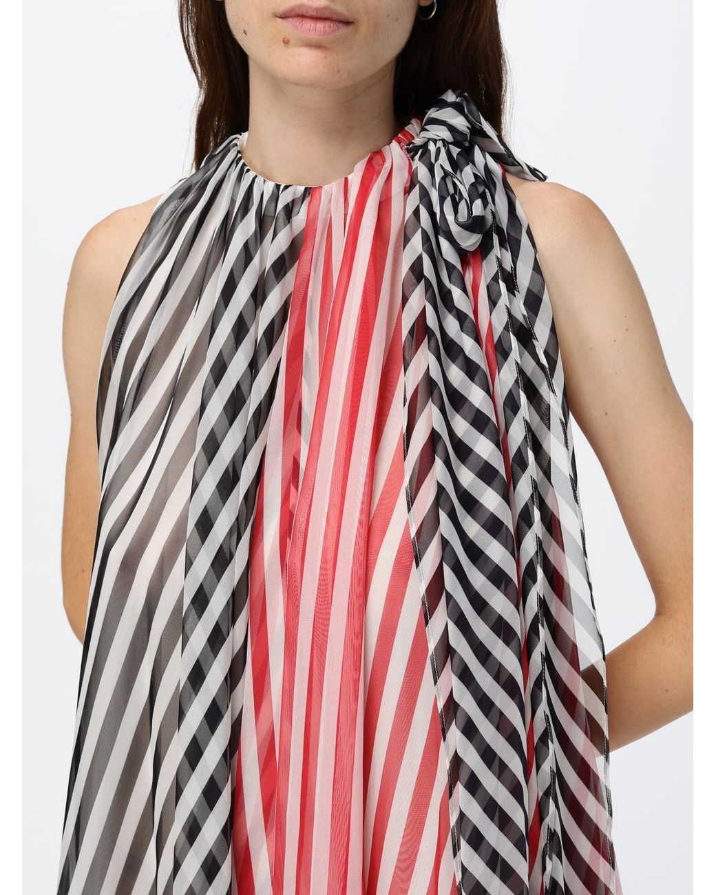 MSGM Red Asymmetric Striped Crêpe Midi Dress With Halter Neck