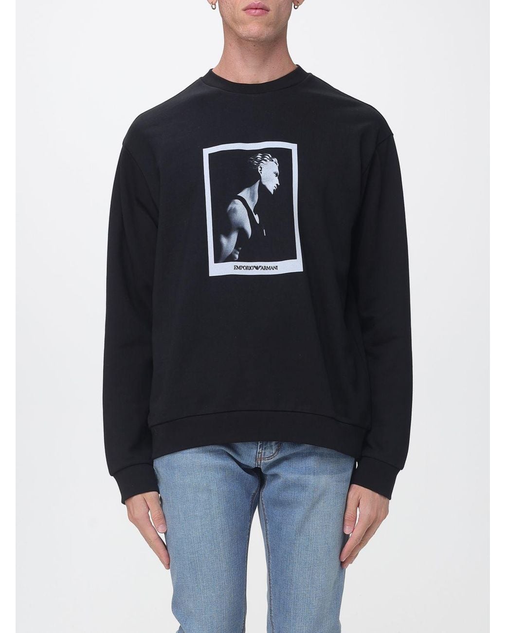 Emporio Armani Blue Relaxed Fit Cotton Crewneck Jumper With Graphic Print for men