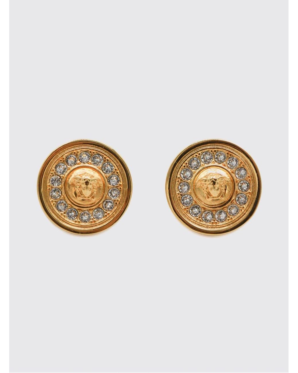 Versace Metallic Tone Medusa Stud Earrings With Encrusted Crystals
