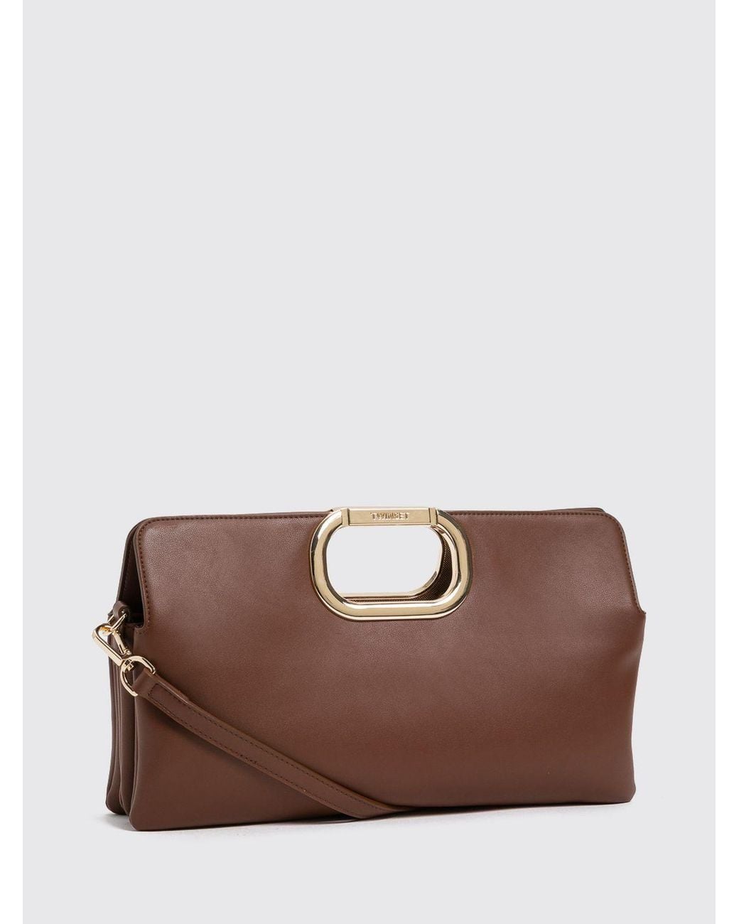 Twinset Brown Faux Leather Clutch With Rigid Handle And Shoulder Strap