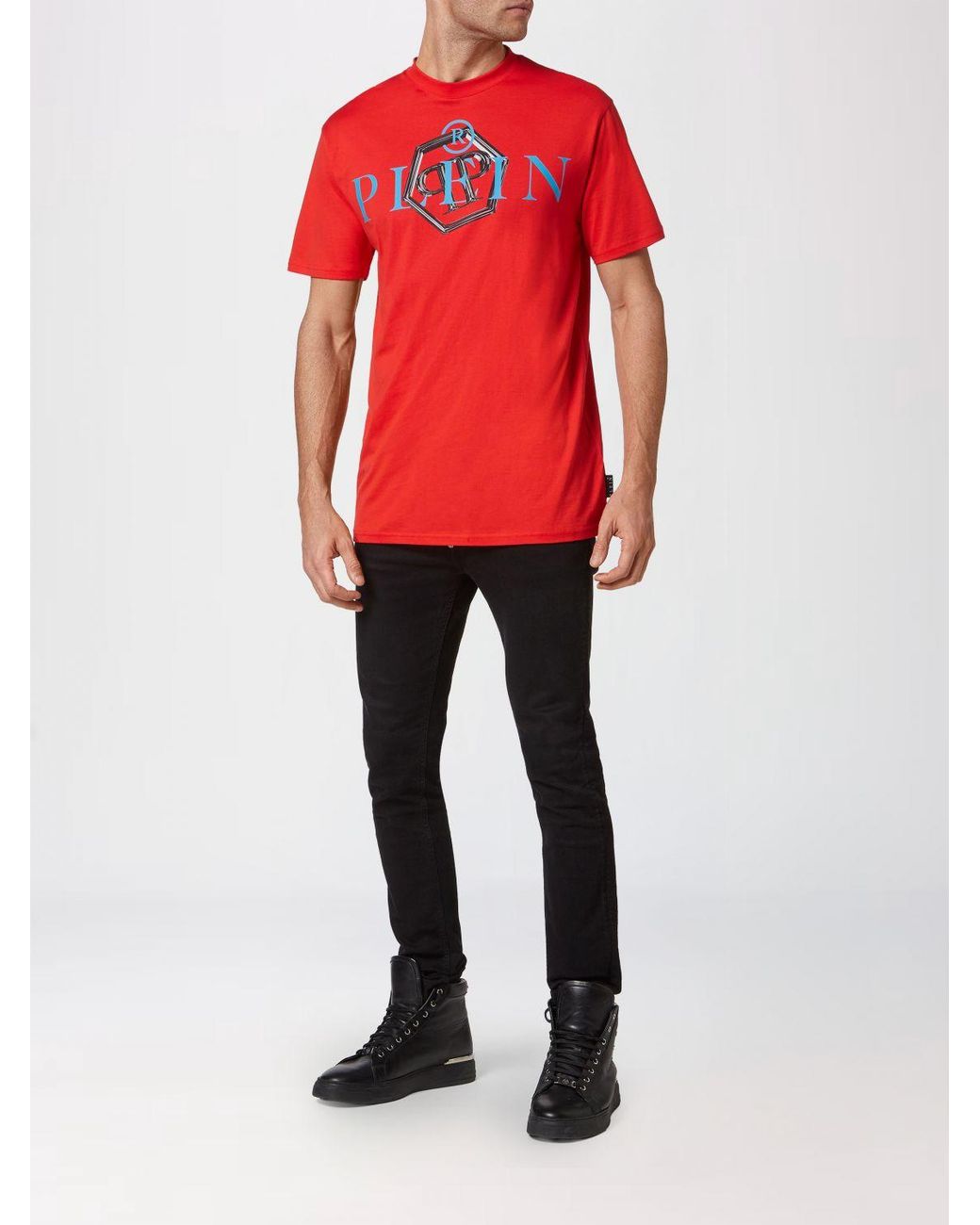 Philipp Plein Red Cotton T-Shirt With Crew Neck And Contrasting Logo Print for men