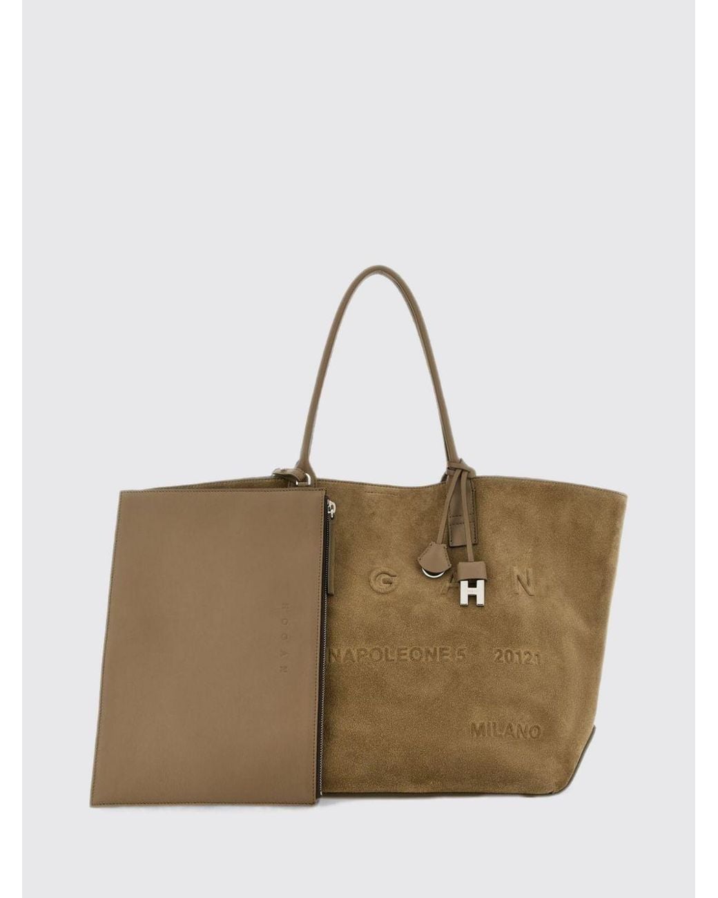 Hogan Natural Suede Calf Leather Tote Bag With Double Handle And Internal Pouch
