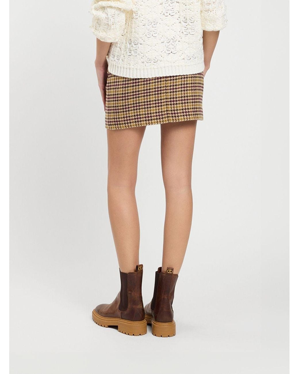 Twinset Natural Slim Fit Houndstooth Cotton-Blend Pencil Mini Skirt