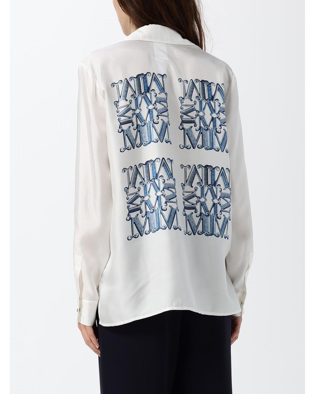 Max Mara Gray Monogram Print Silk Shirt With Classic Collar