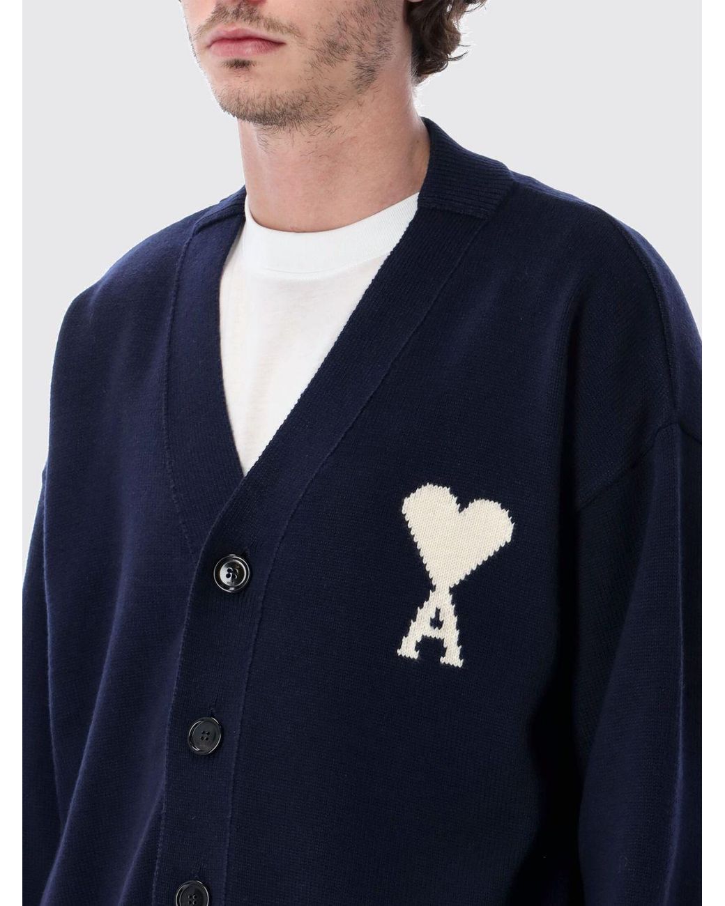 AMI Blue Wool And Cotton Cardigan With Logo for men