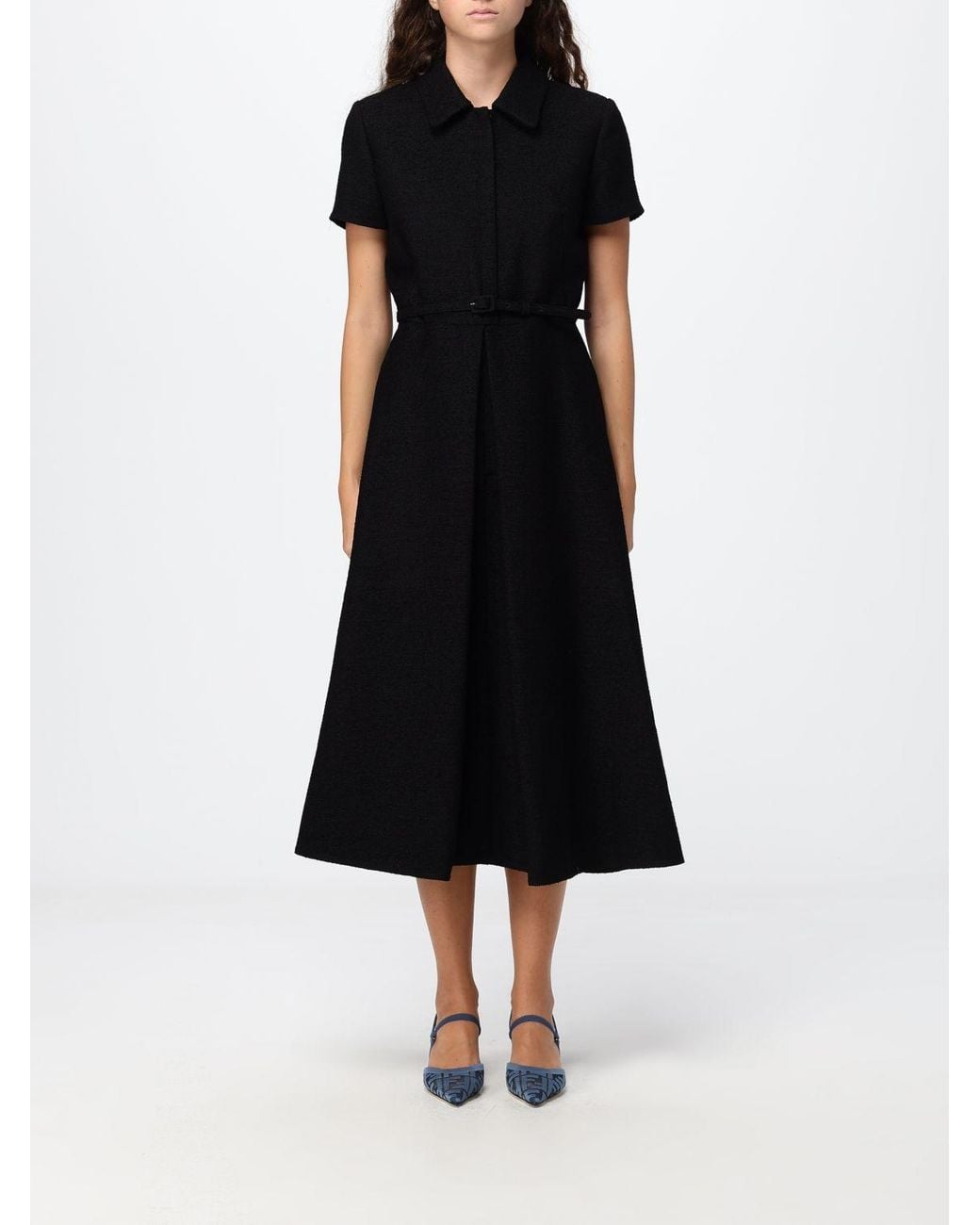 Fendi Black Wool Bouclé Midi Shirtdress With Classic Collar And Belt