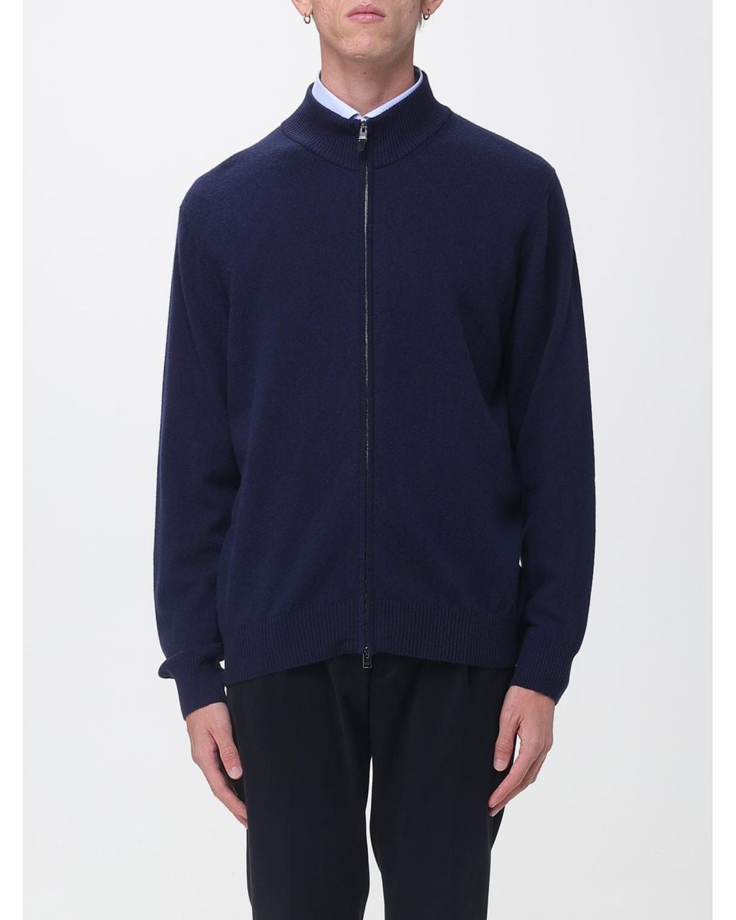 Canali Blue Wool And Cashmere Blend Mock Neck Zip-Up Cardigan for men