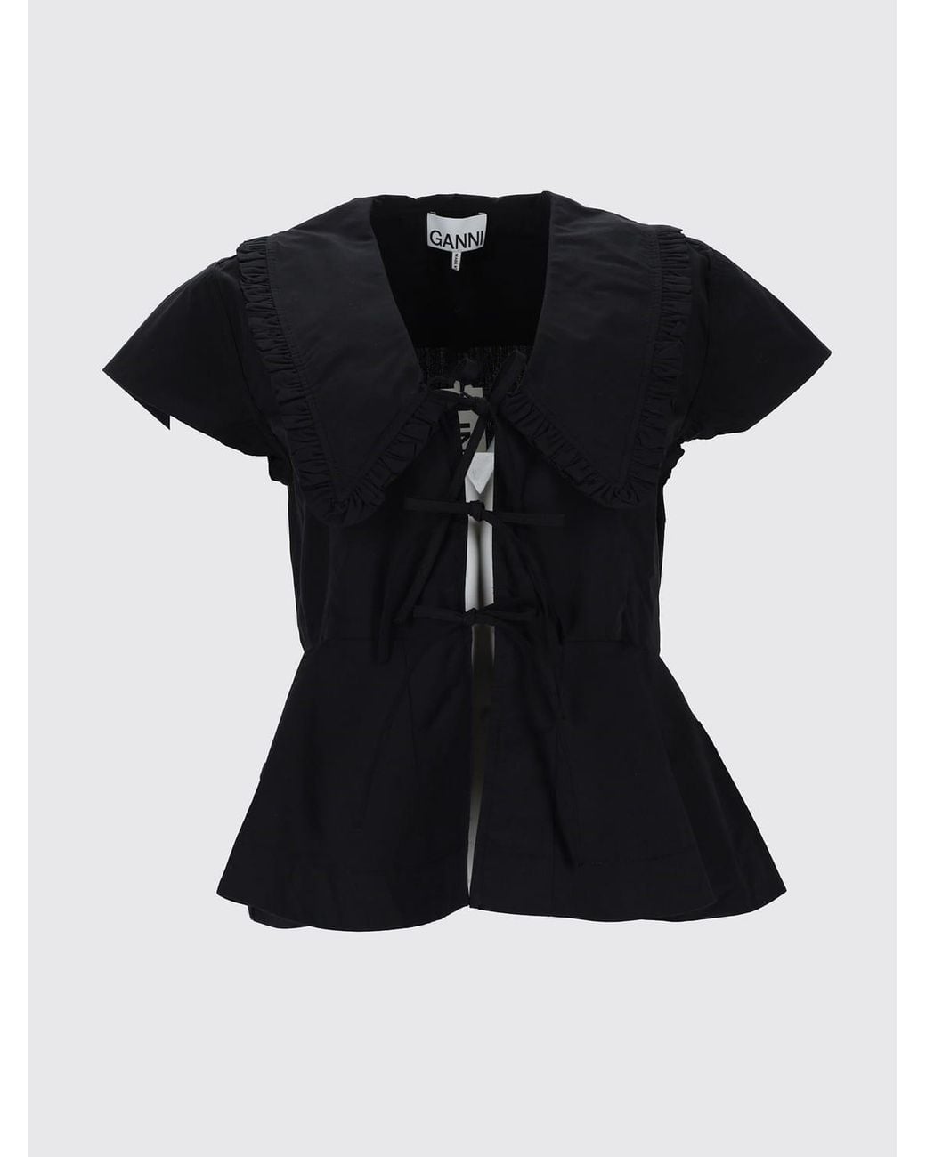 Ganni Black Organic Cotton Blouse With Sailor Collar And Ruffles