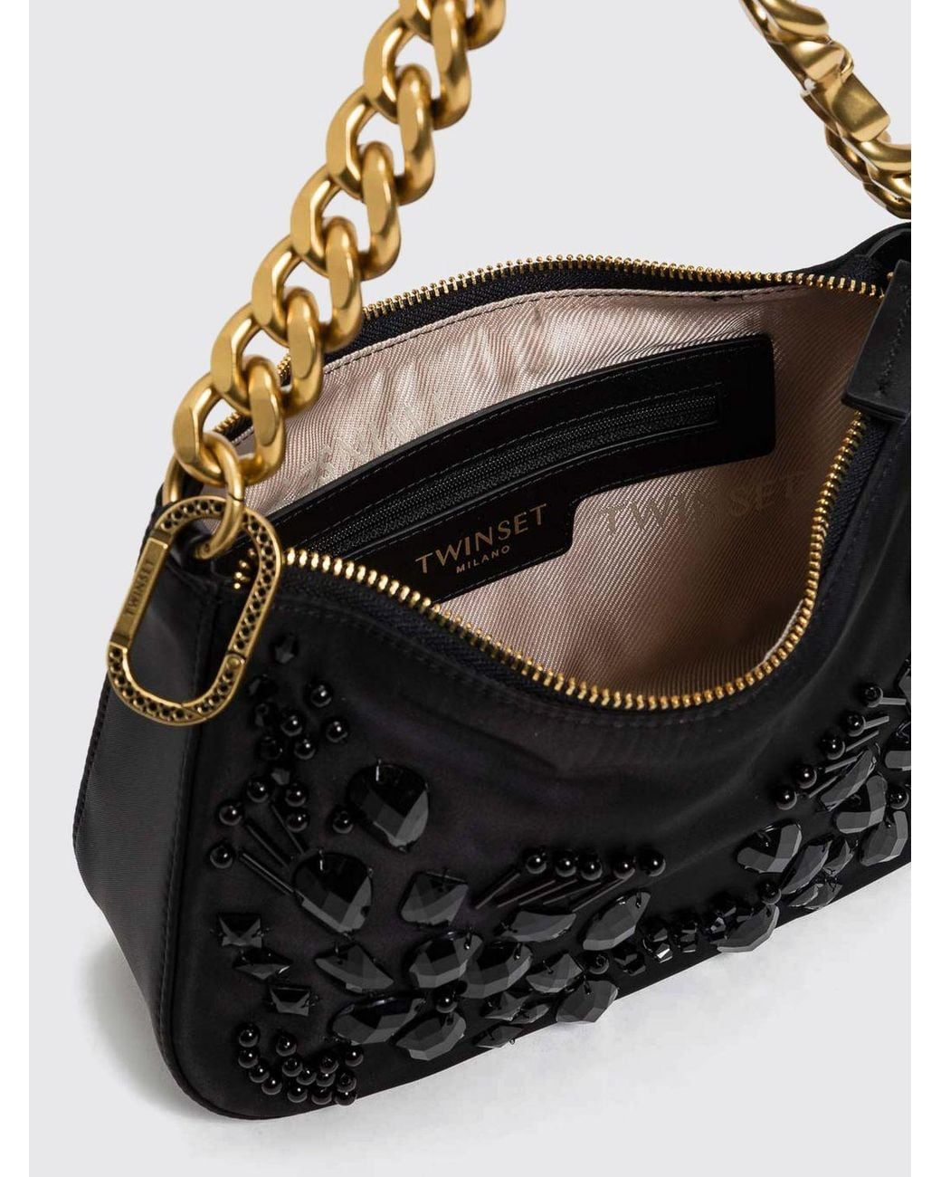 Twinset Black Flared Embroidered Polyester Shoulder Bag With Chain Handle