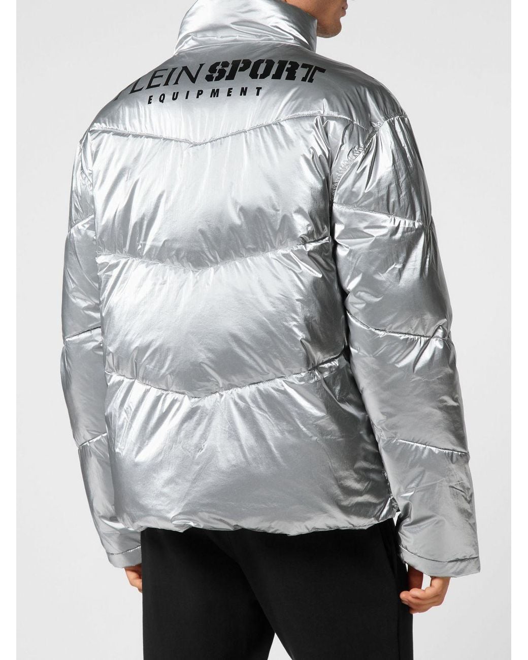 Philipp Plein Gray Short Quilted Nylon Puffer Jacket With High Neck And Logo for men