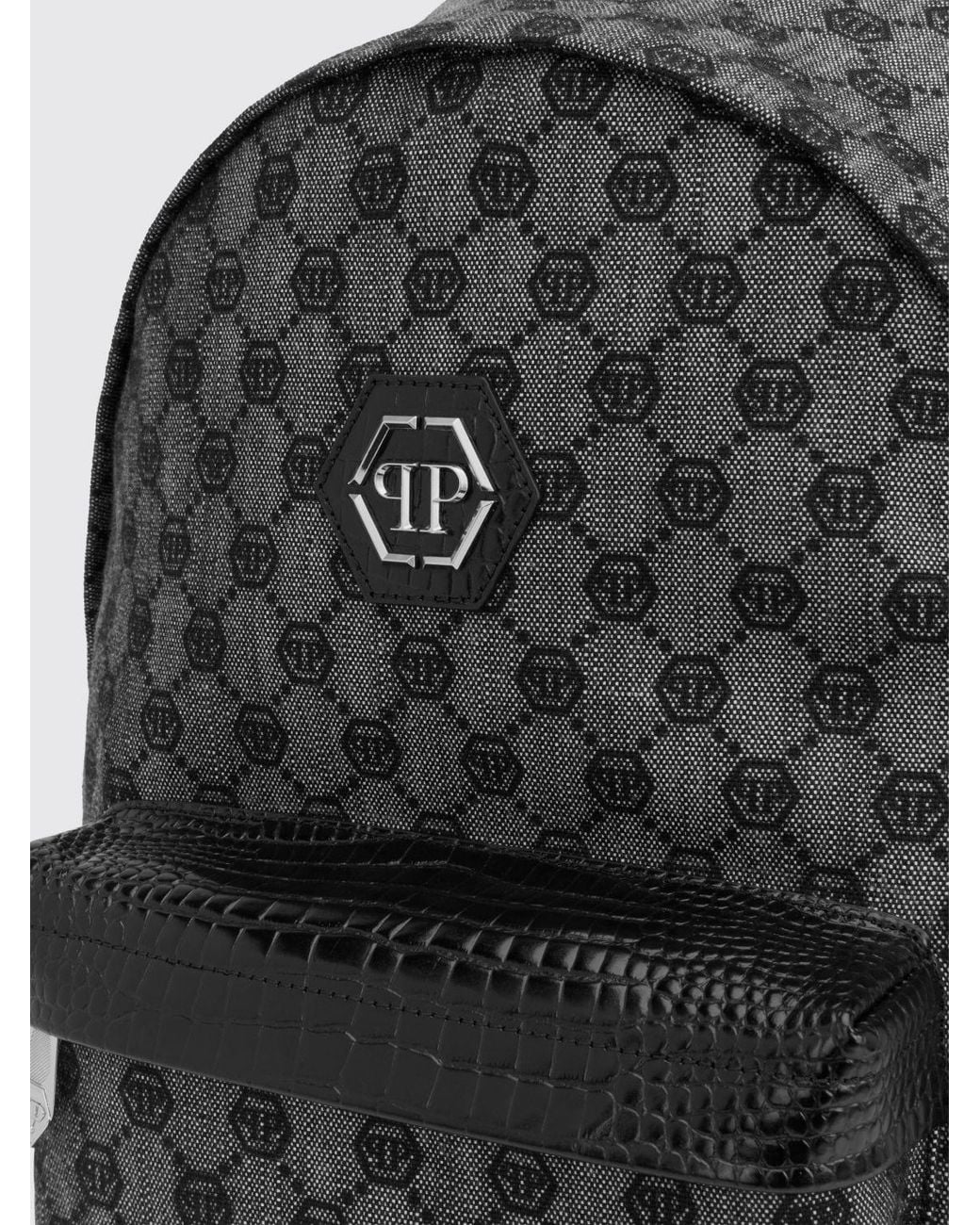 Philipp Plein Gray Jacquard Monogram Denim Backpack With Hexagon Logo for men