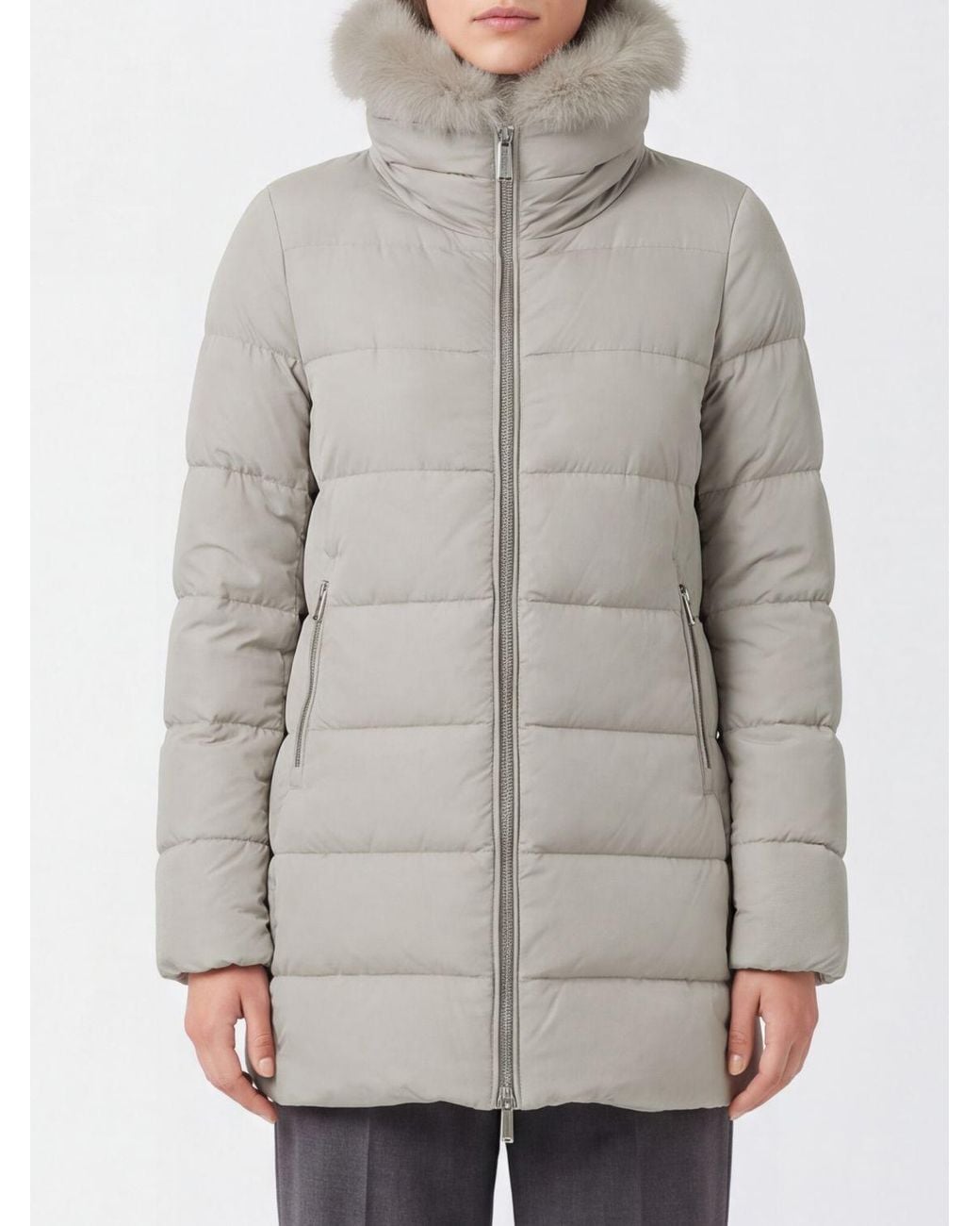 Moorer Gray Water-Repellent Knee-Length Down Jacket With Shearling Hood
