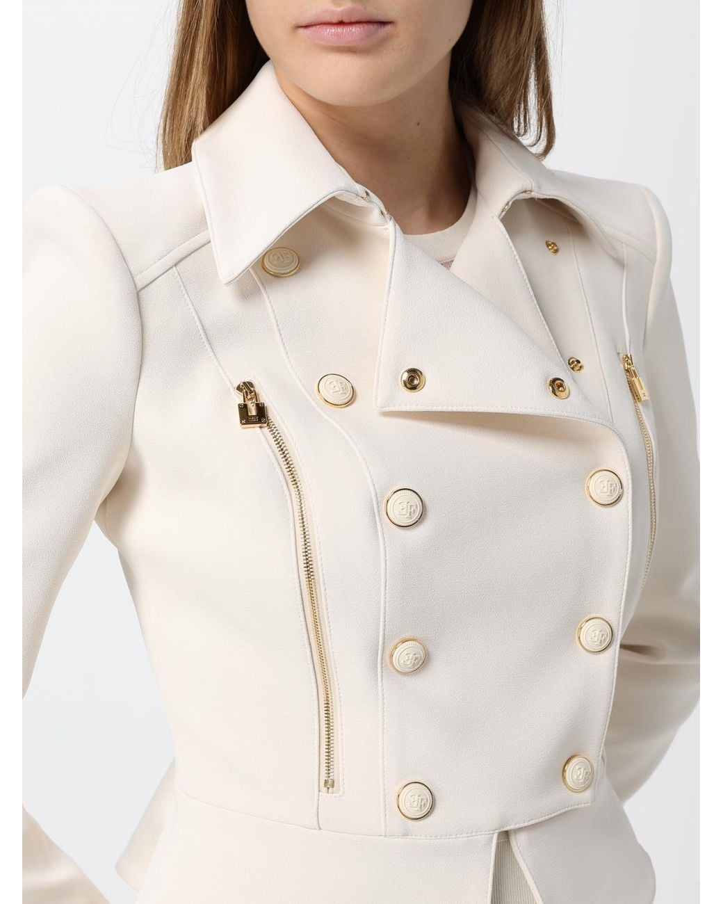 Elisabetta Franchi Natural Cropped Double-Breasted Biker Jacket