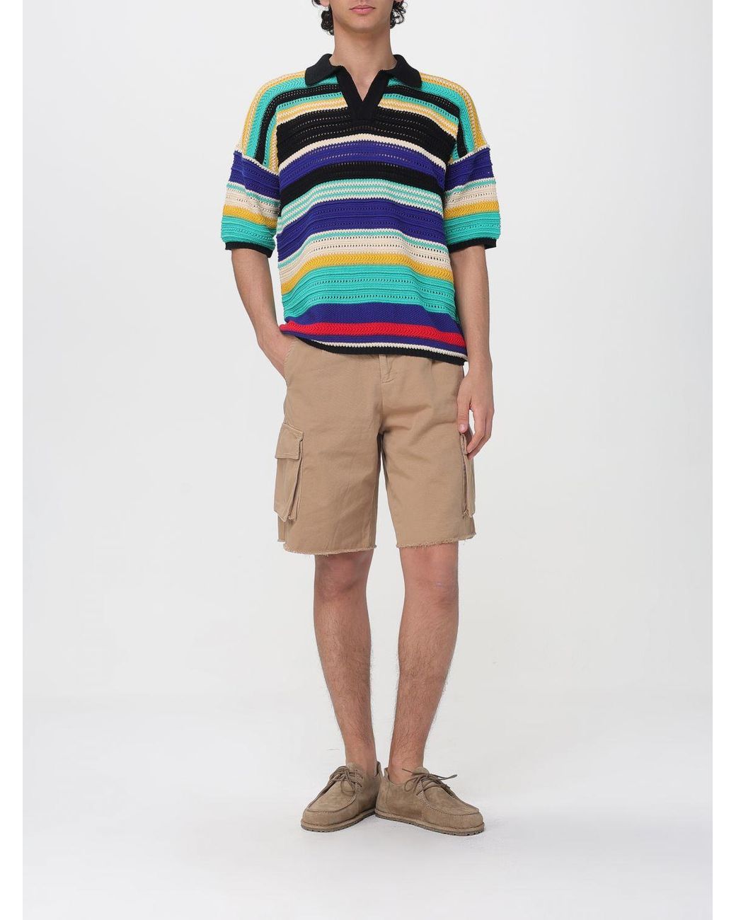 Laneus Blue Striped Interwoven Cotton Knit Polo Shirt for men
