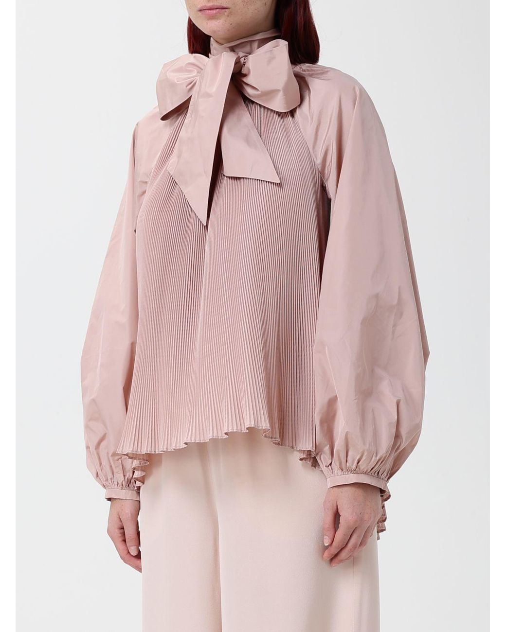 Max Mara Pink Pleated Silk-Blend Blouse With Scarf-Neck And Long Sleeves