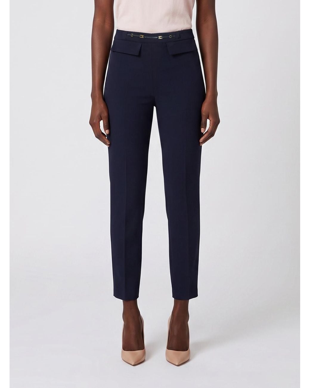 Elisabetta Franchi Blue High-Waisted Skinny Crêpe Trousers With Flap Pockets