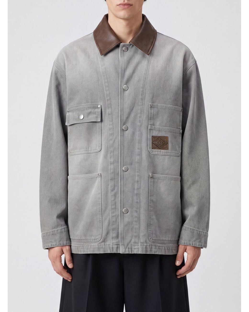 Wooyoungmi Gray Cotton Denim Jacket With Leather Collar And Dropped Shoulders for men