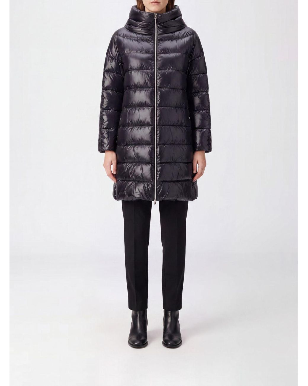 Herno Blue Long Quilted Nylon Puffer Coat With High Neck And Down Padding