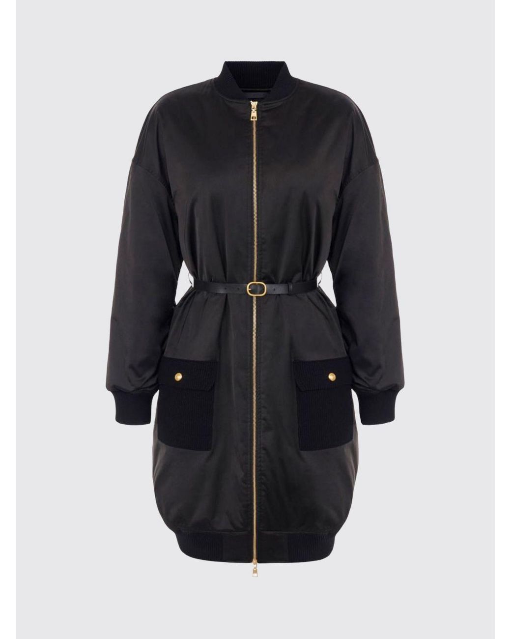 Elisabetta Franchi Black Long Padded Bomber Jacket With High Neck And Waist Belt