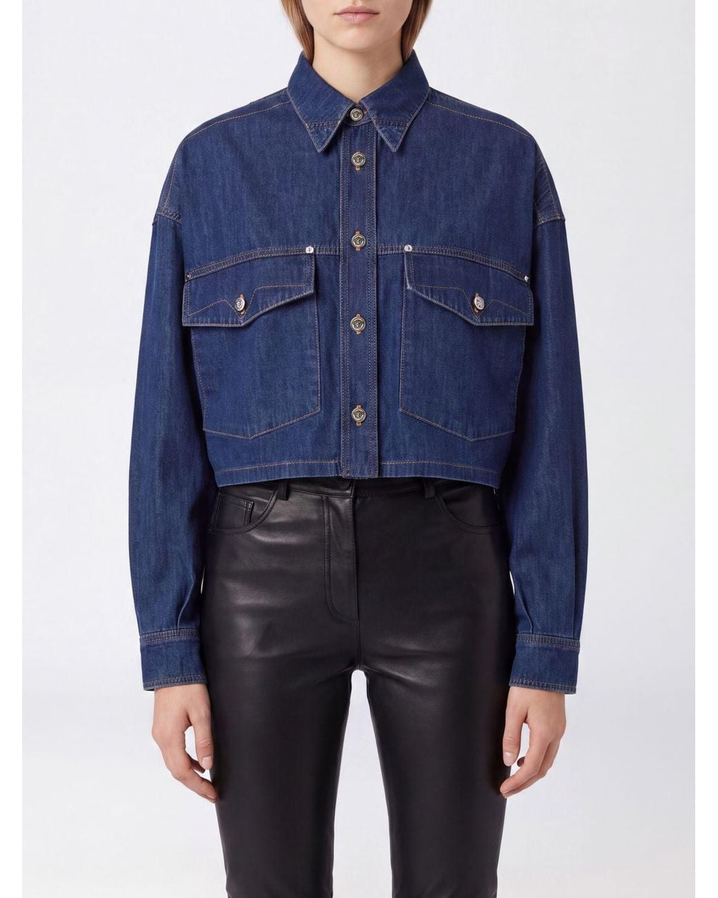 Versace Blue Relaxed Fit Chambray Denim Shirt With Dropped Shoulders And Patch Pockets