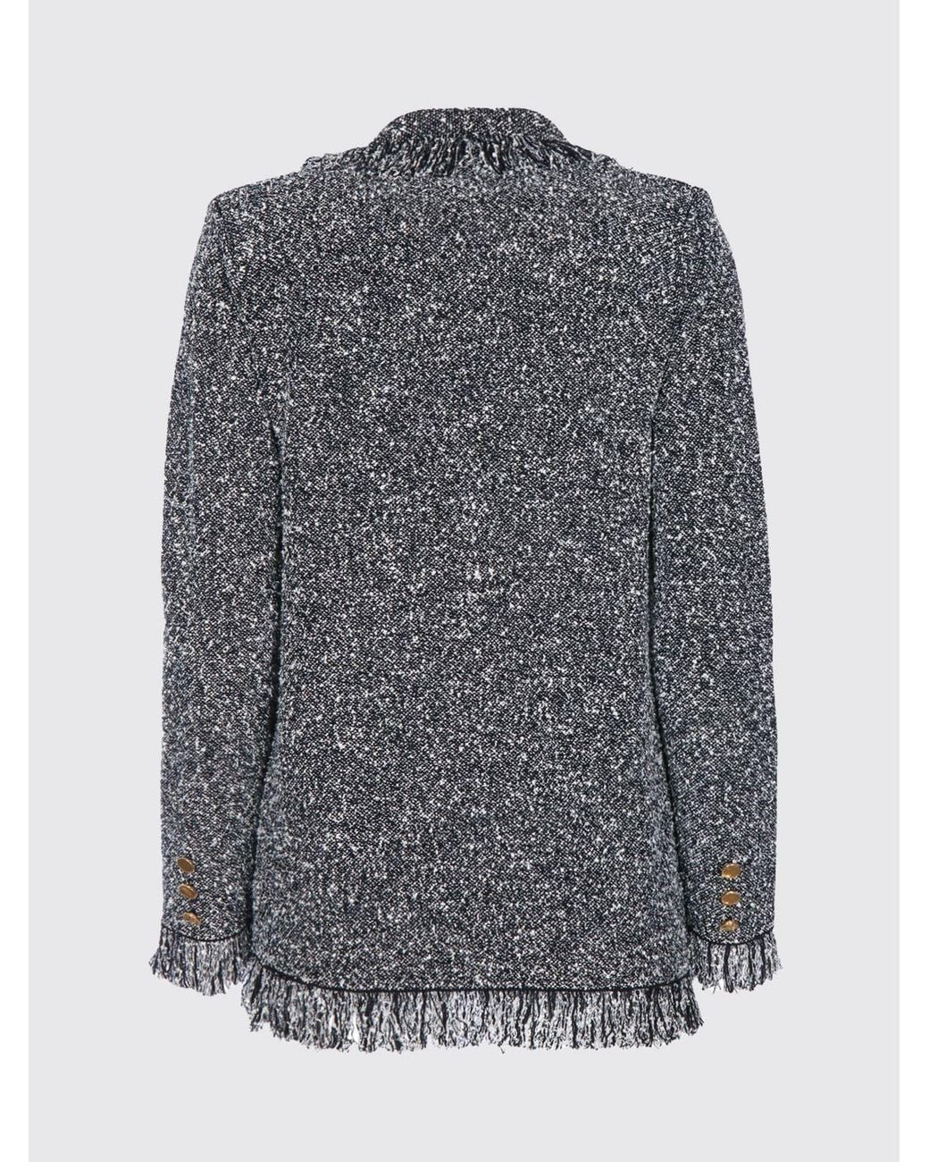 Elisabetta Franchi Gray Double-Breasted Wool Blend Blazer With Fringes And Shawl Collar