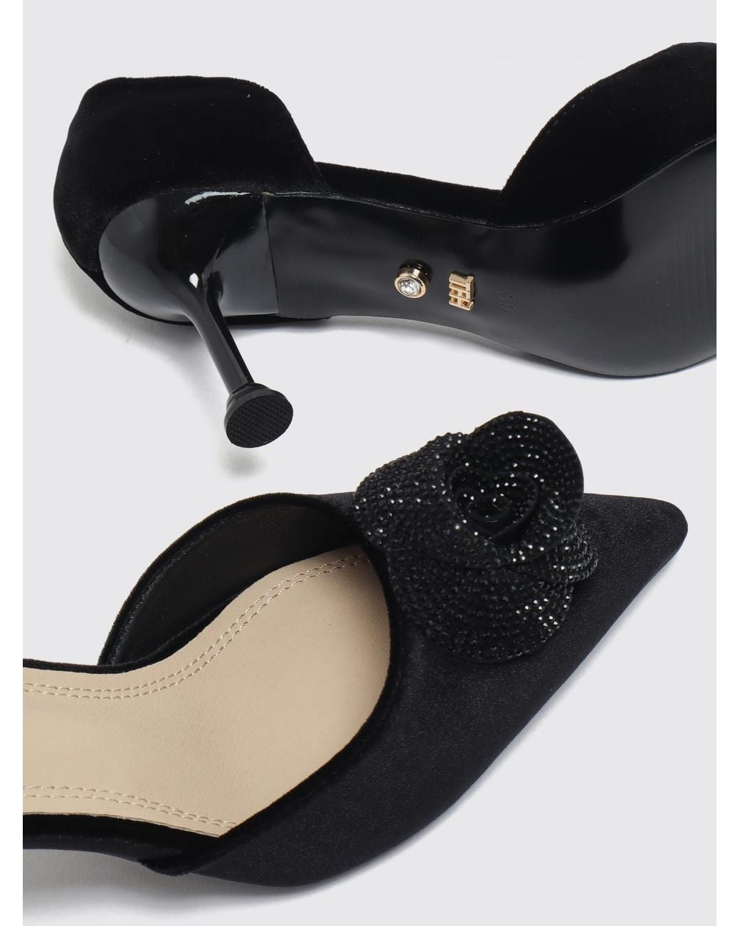 Twentyfourhaitch Black Suede Faux Leather Pumps With Rhinestones And Stiletto Heel