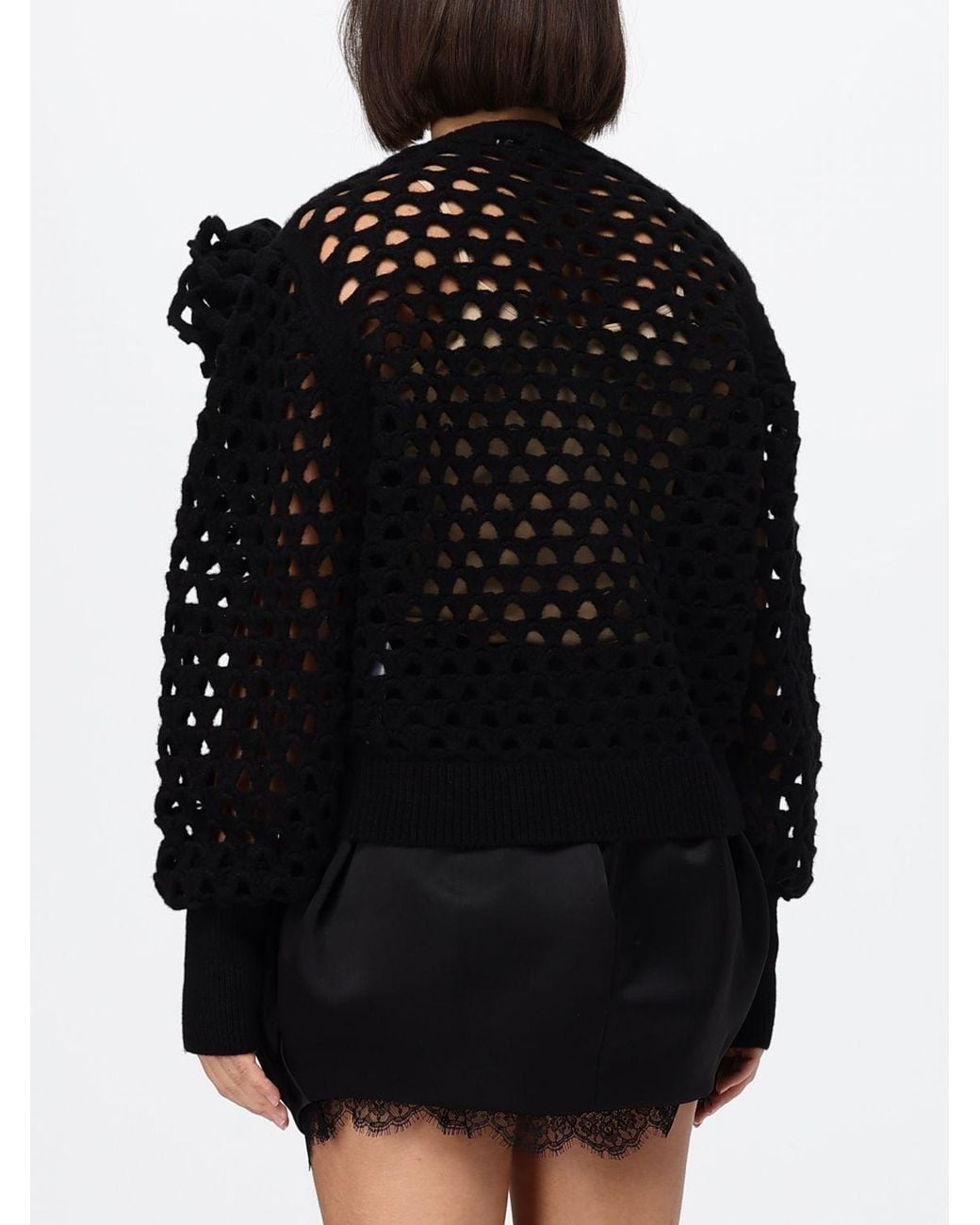 Blumarine Black Openwork Wool Cardigan With Balloon Sleeves And Flower Appliqué