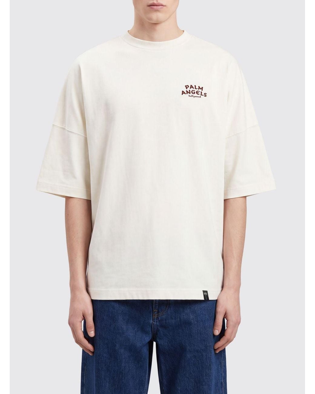 Palm Angels White Cotton Crew Neck T-Shirt With Contrast Logo for men
