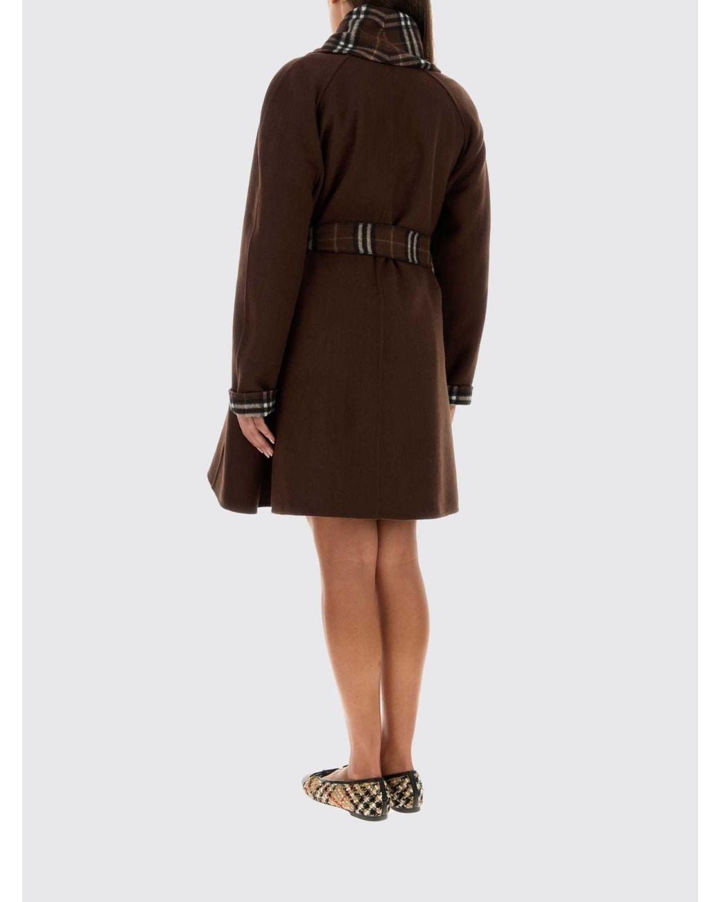 Burberry Brown Check Wool Robe Coat With A Shawl Collar And Self-Tie Belt