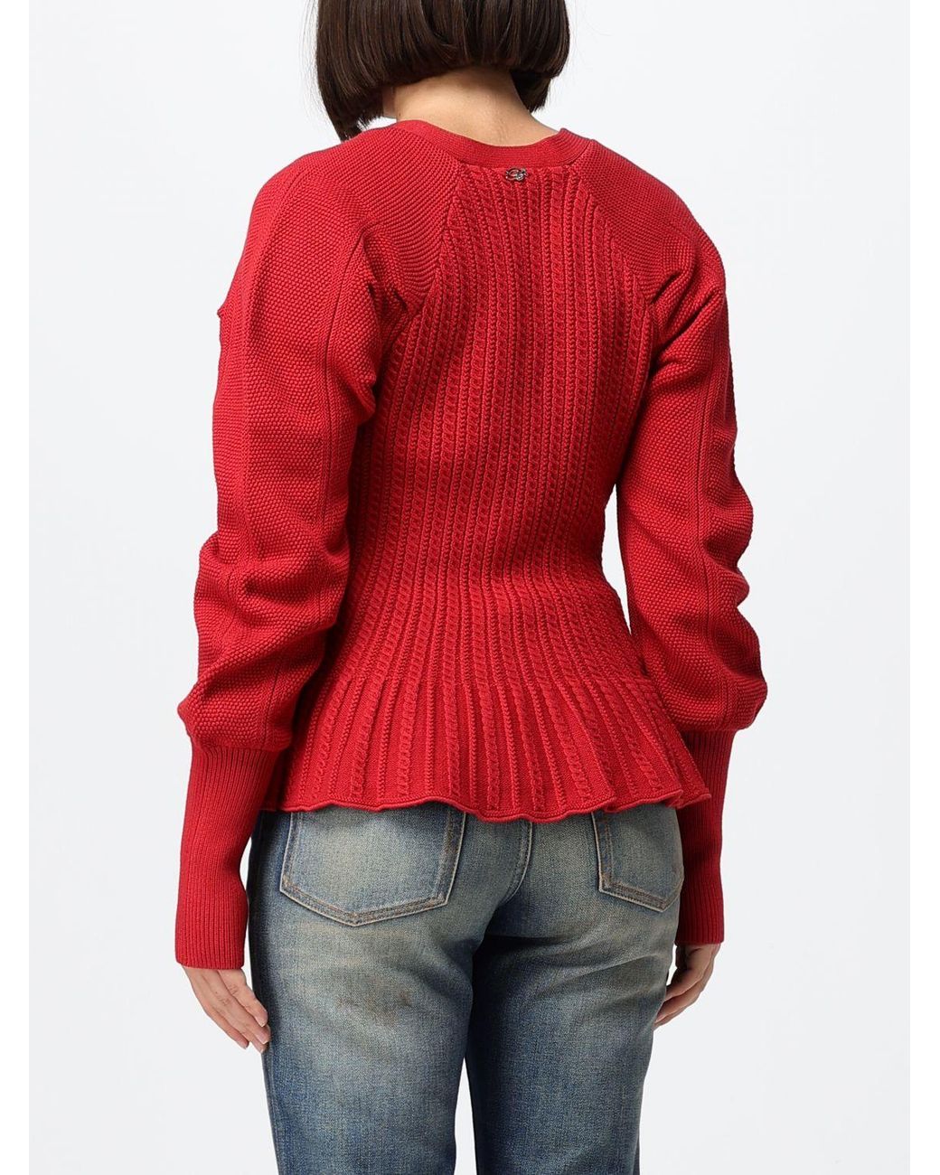 Blumarine Red Viscose Cardigan With Puff Sleeves And Ruffled Hem