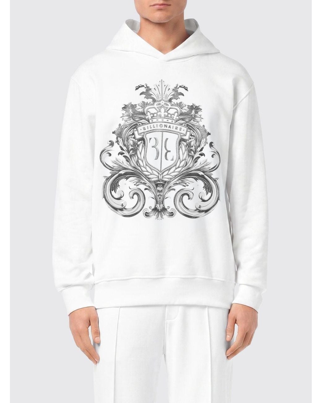 Billionaire White Cotton Hoodie With Baroque Print for men