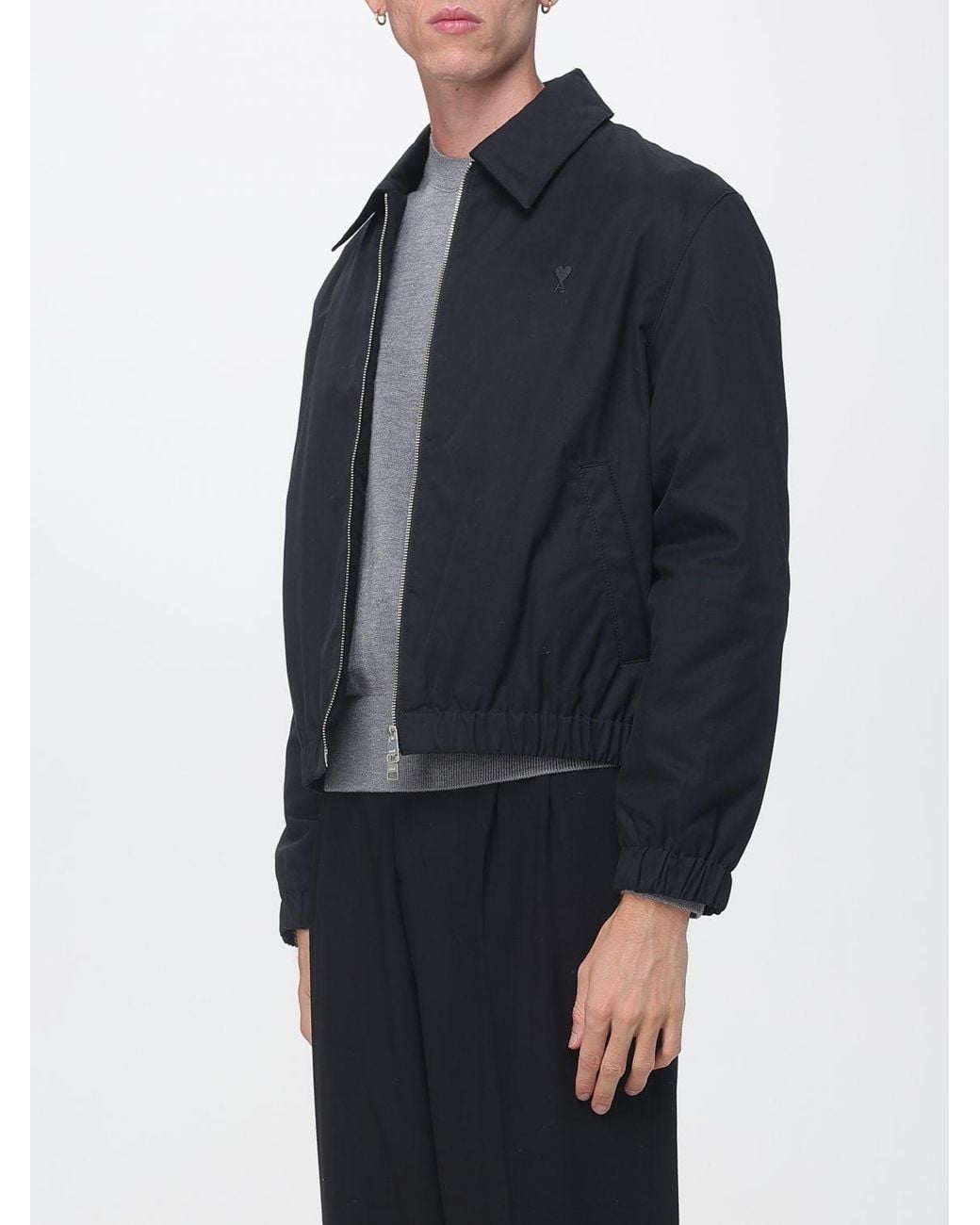 AMI Blue Cotton Bomber Jacket With Embroidered Logo And Zip Closure for men
