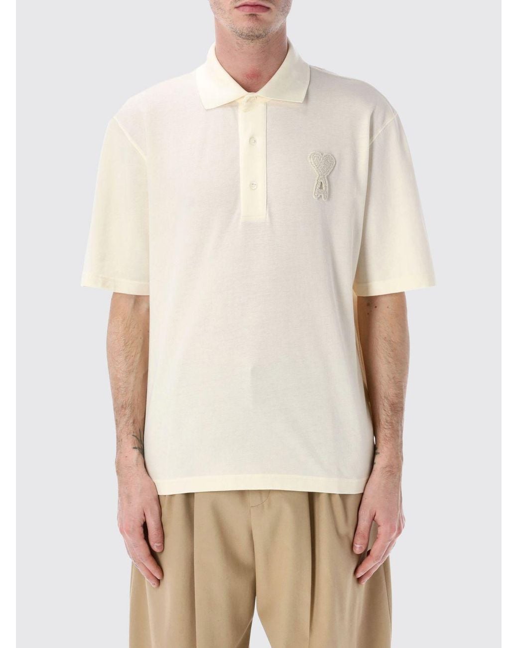 AMI Natural Boxy Fit Polo With Ami De Coeur Knitted Patch for men
