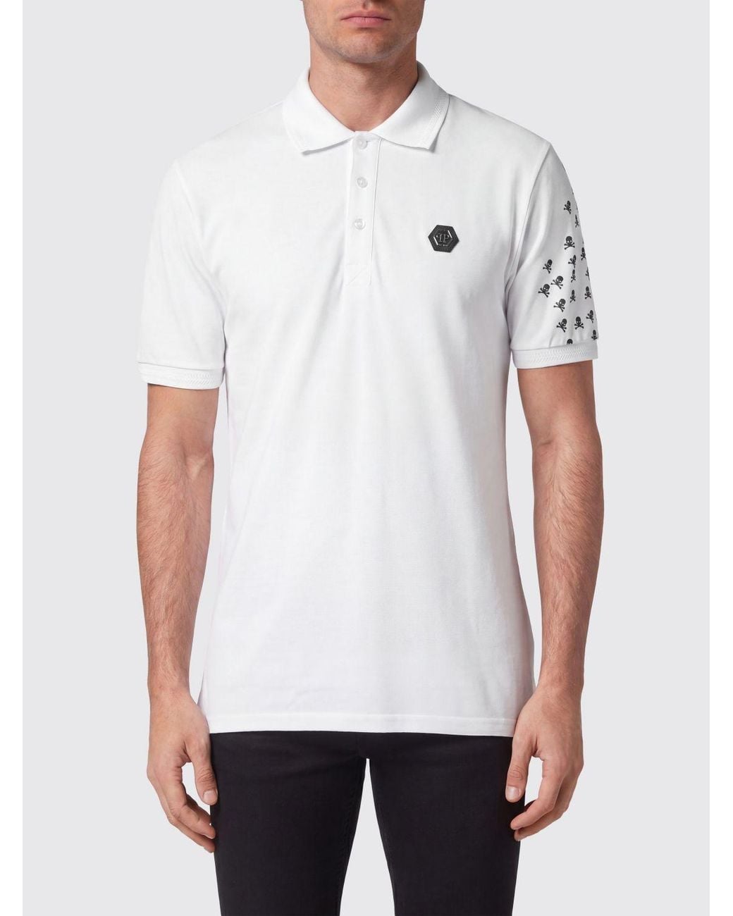 Philipp Plein White Cotton Polo Shirt With Skull Monogram Print And Hexagon Logo for men