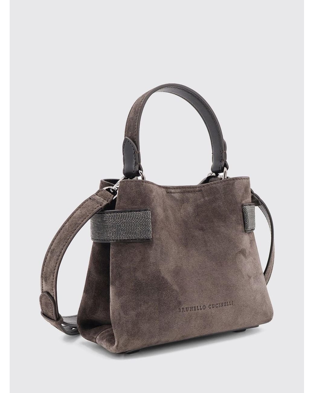 Brunello Cucinelli Gray Small Suede Handbag With Monili Embellishment