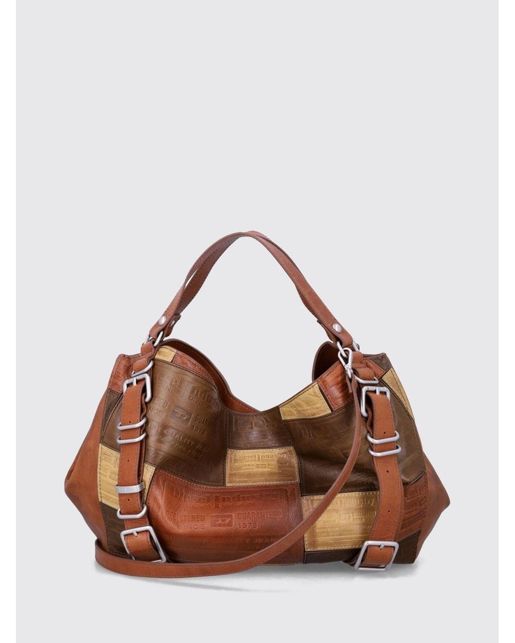 DIESEL Brown D-One Patchwork Leather Tote Bag With Double Handle And Buckle