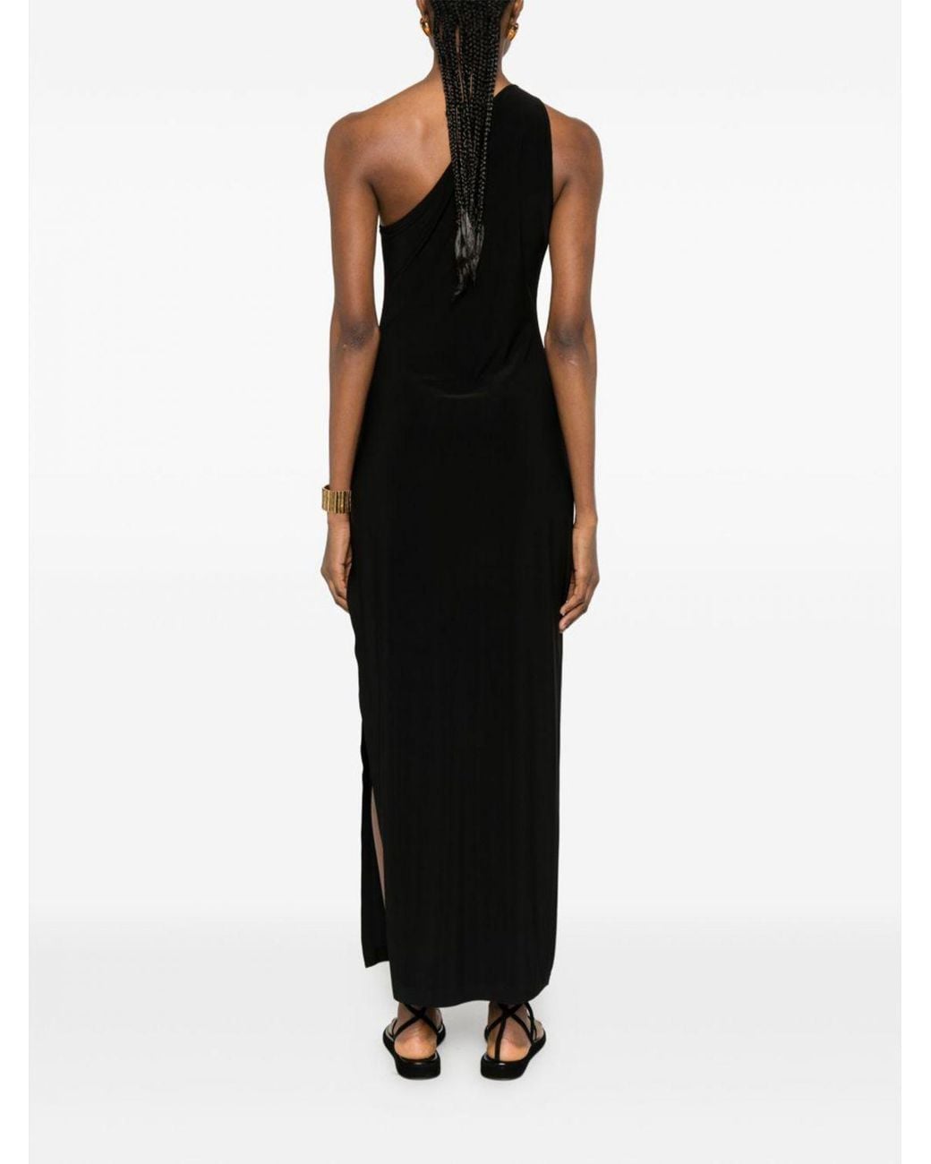 Norma Kamali Black One-Shoulder Long Jersey Sheath Dress With Side Slit By