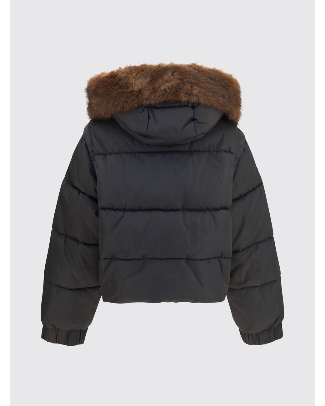 Pinko Black Godetia Nylon Puffer Jacket With Hood, Fur Collar, And Removable Sleeves