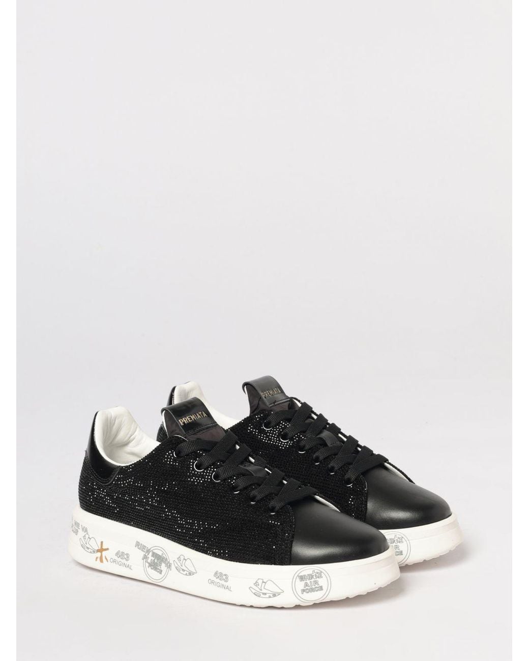 Premiata Black Belle Leather Sneakers With Rhinestones