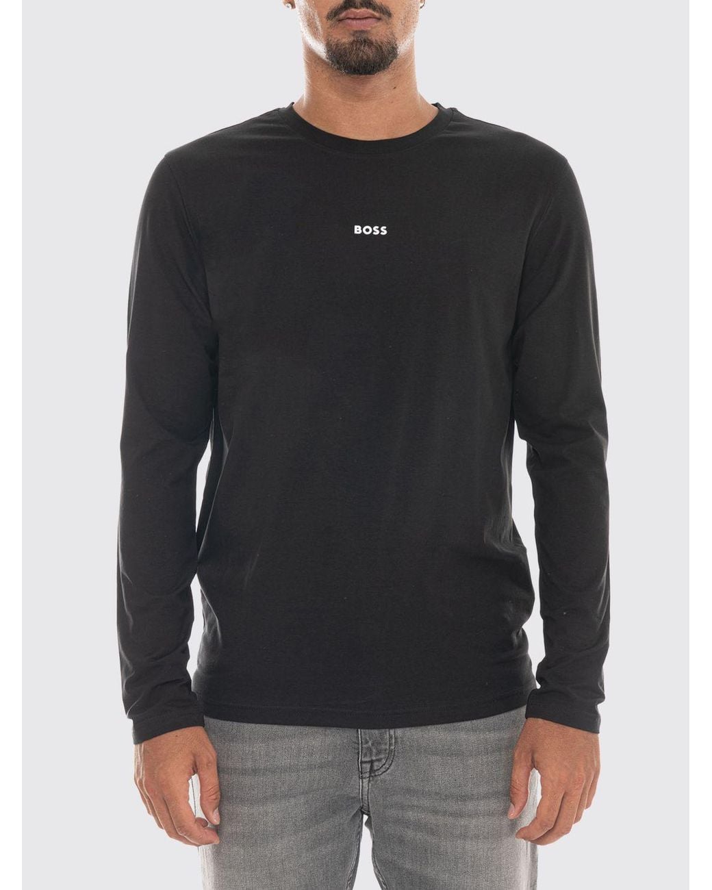 Boss Black Regular Fit Long-Sleeved Cotton T-Shirt With Contrast Logo for men