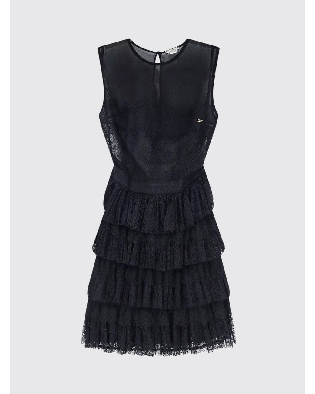 Elisabetta Franchi Black A-Line Off-The-Shoulder Lace And Tulle Mini Dress With Ruffles