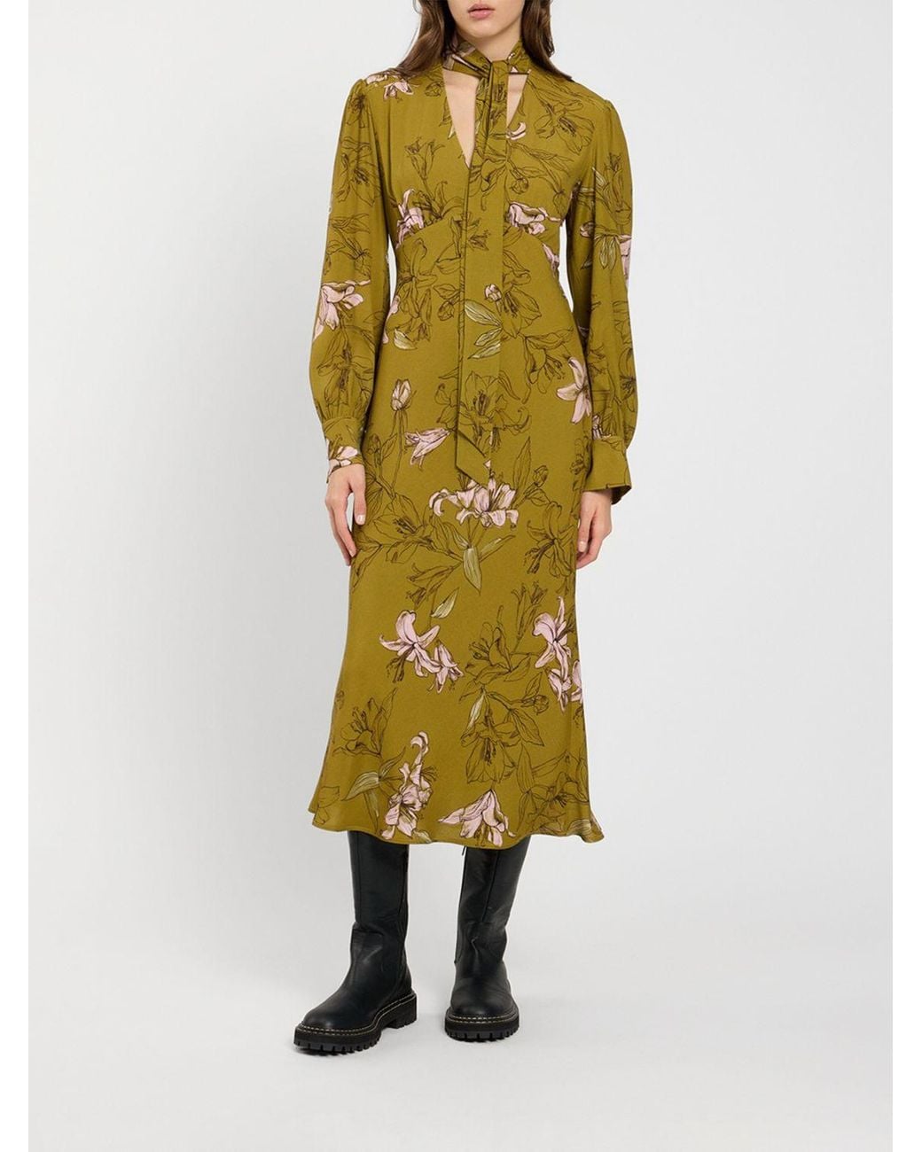 Twinset Metallic Floral Viscose Midi Sheath Dress With Pussy-Bow Collar