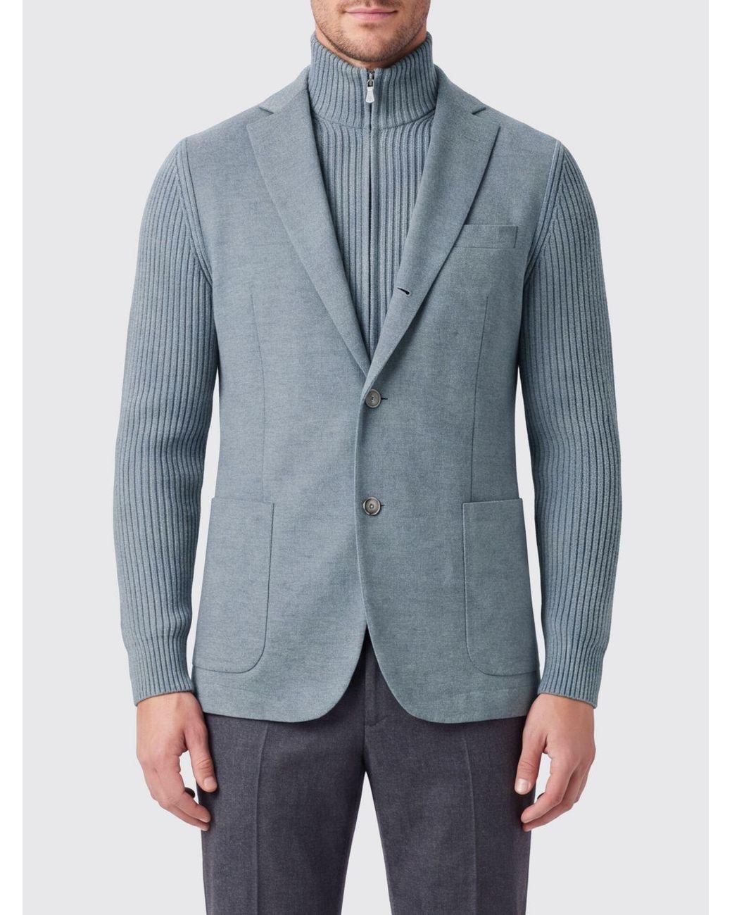 Eleventy Blue Single-Breasted Wool Blazer With Classic Lapels And Ribbed Details for men