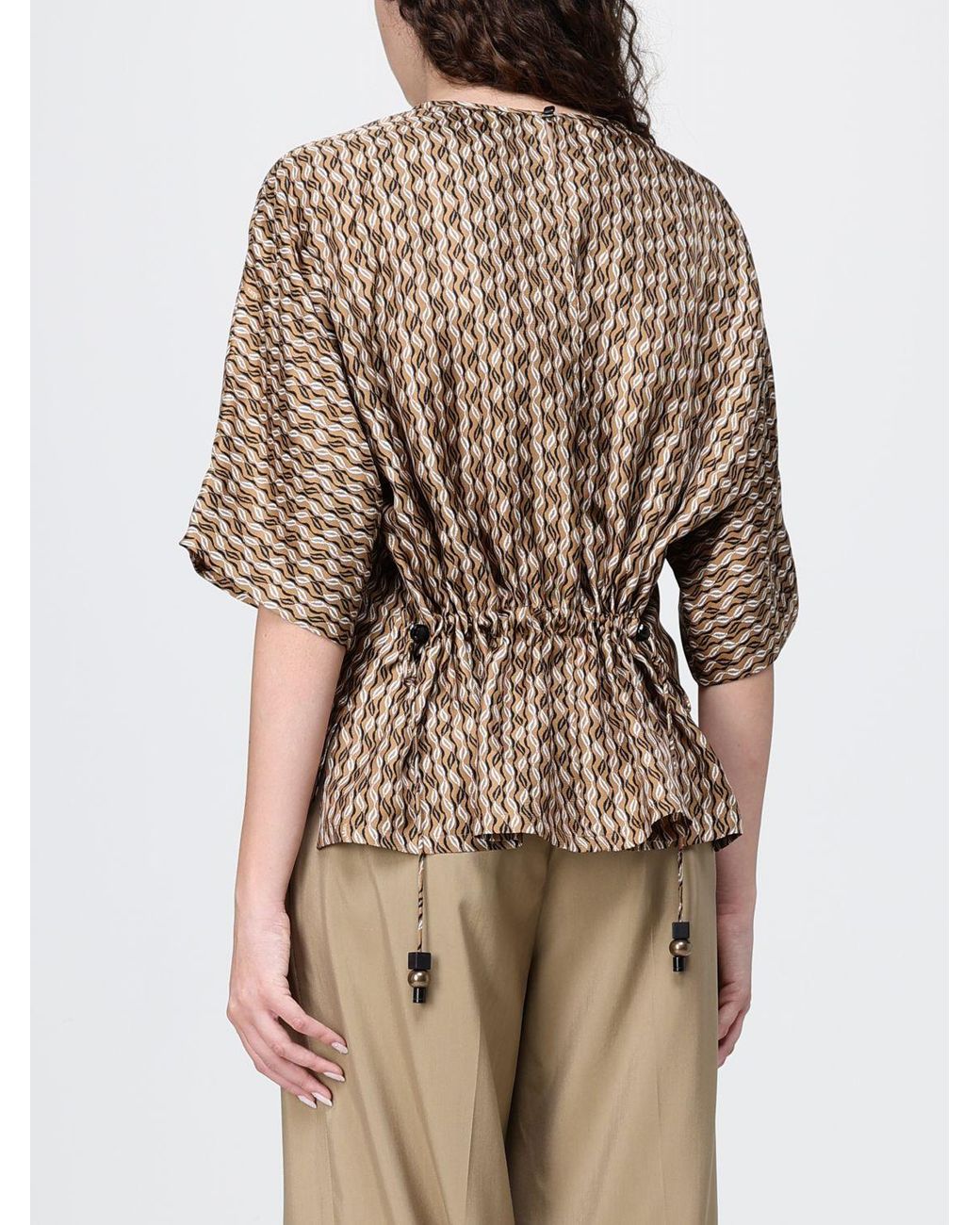 Max Mara Natural Geometric Print Silk Blouse With Drawstring Waist
