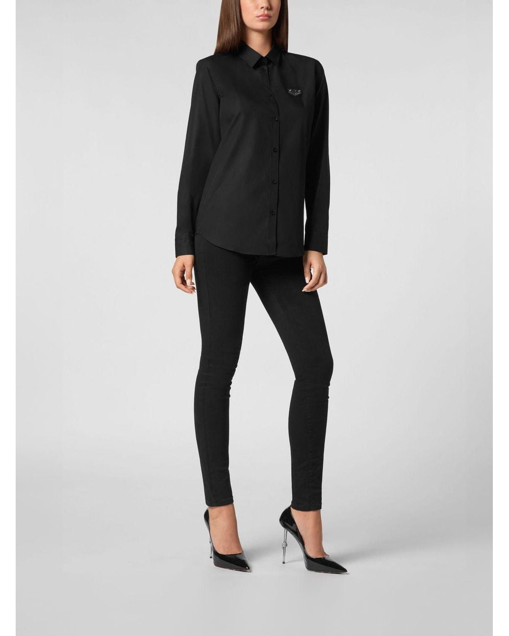 Philipp Plein Black Long-Sleeved Cotton Shirt With Contrasting Logo Detail