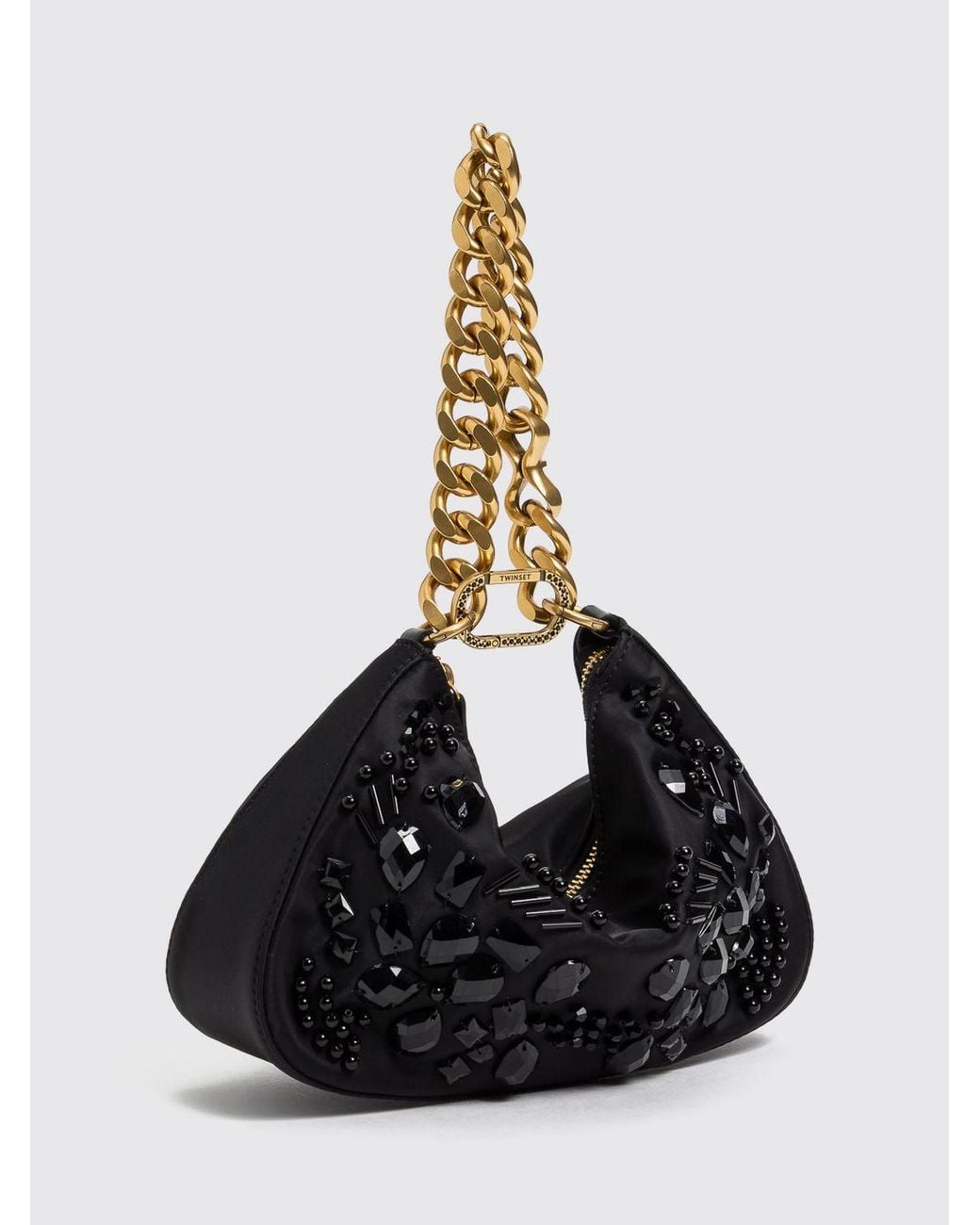 Twinset Black Flared Embroidered Polyester Shoulder Bag With Chain Handle