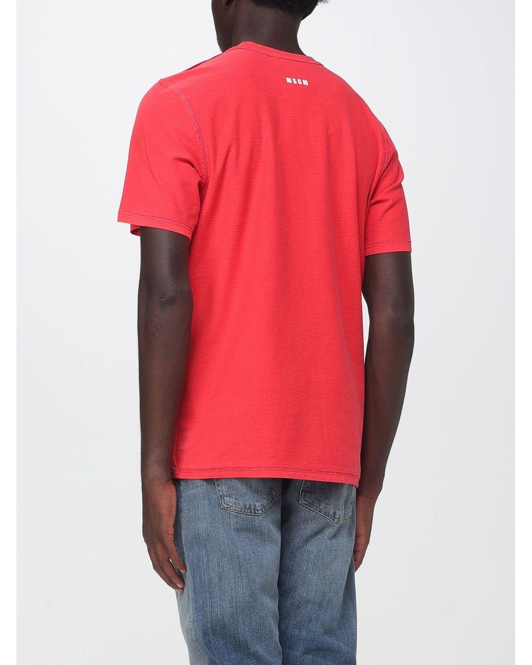 MSGM Red Slogan Print Cotton Crew Neck T-Shirt for men