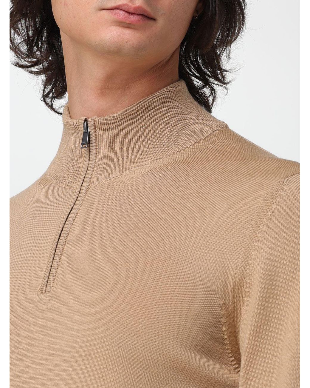Boss Blue Pure Wool Half-Zip Turtleneck Jumper With Ribbed Hems for men